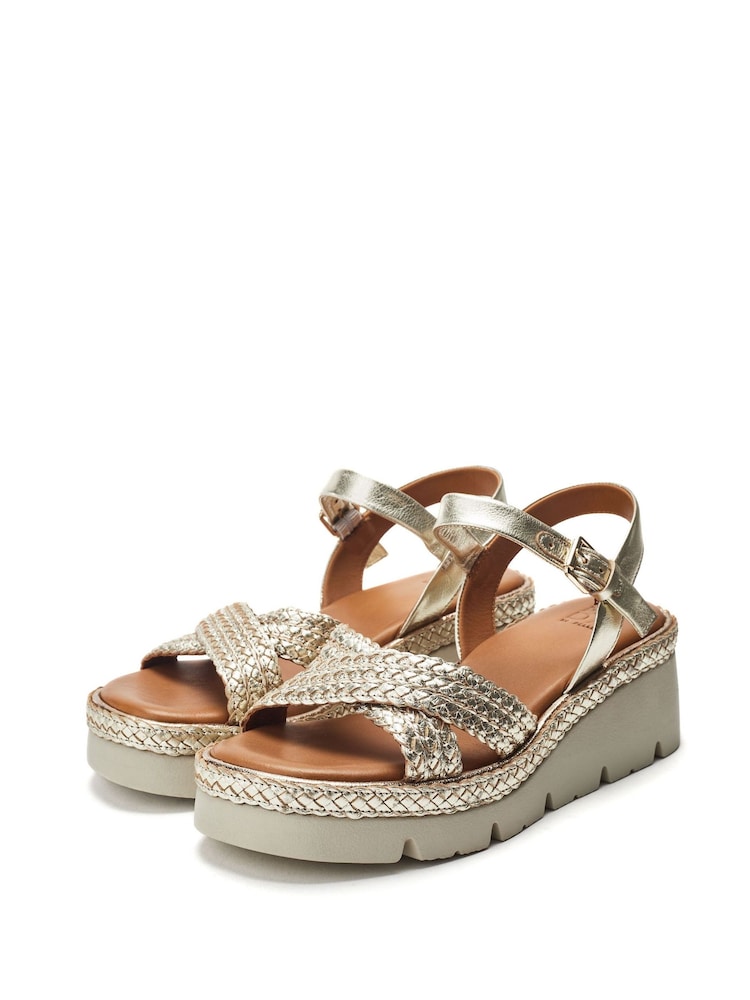 Moda in Pelle Gold Keroya Cross-Over Woven Leather Wedge Sandals - Image 2 of 4