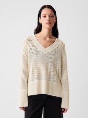 Gap Beige Cotton 24/7 Split-Hem Crochet Jumper - Image 3 of 4