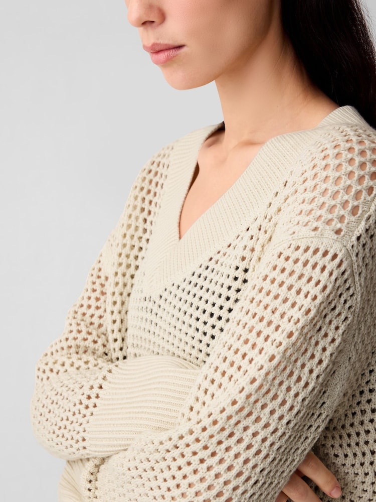 Gap Beige Cotton 24/7 Split-Hem Crochet Jumper - Image 4 of 4