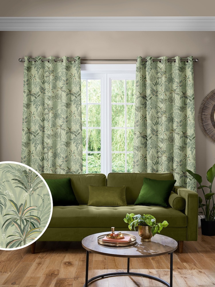 Sara Miller Soft Olive Green Palm Garden Made to Measure Curtains - Image 1 of 9 Sara Miller Soft Olive Green Palm Garden Made to Measure Curtains - Image 1 of 9