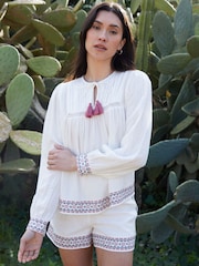 Threadbare Cream Tie Neck Embroidered Long Sleeve 100% Cotton Blouse - Image 1 of 4