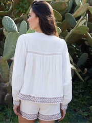 Threadbare Cream Tie Neck Embroidered Long Sleeve 100% Cotton Blouse - Image 2 of 4
