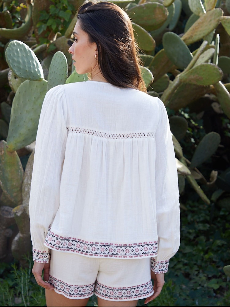 Threadbare Cream Tie Neck Embroidered Long Sleeve 100% Cotton Blouse - Image 2 of 4