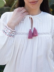 Threadbare Cream Tie Neck Embroidered Long Sleeve 100% Cotton Blouse - Image 4 of 4
