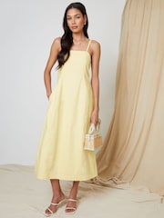 Threadbare Yellow Linen Blend Square Neck Midi Dress - Image 1 of 4