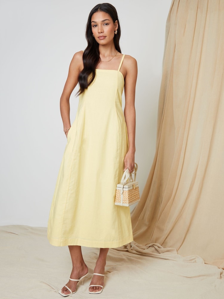 Threadbare Yellow Linen Blend Square Neck Midi Dress - Image 1 of 4