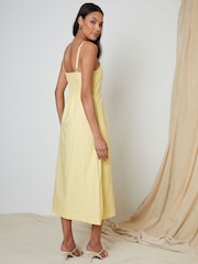 Threadbare Yellow Linen Blend Square Neck Midi Dress - Image 4 of 4