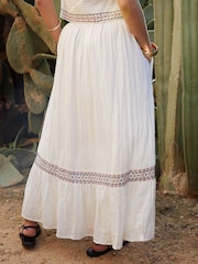 Threadbare Cream 100% Cotton Embroidered Pull On Midi Skirt - Image 3 of 4