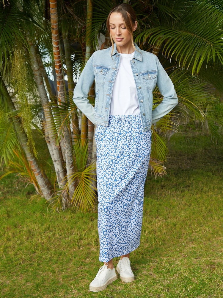 Синий - Threadbare Leopard Print Lightweight Jersey 100% Cotton Midi Skirt with Pockets - Изображение 1 из 4