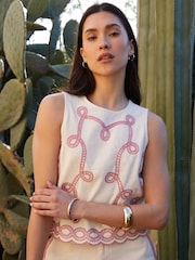 Threadbare Cream 100% Cotton Cornelli Embroidered Button Back Shell Tank Top - Image 4 of 4