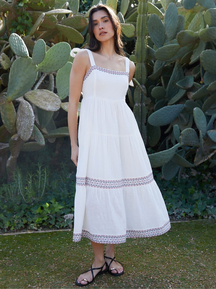 Threadbare Cream 100% Cotton Embroidered Tiered Maxi Dress - Image 4 of 4