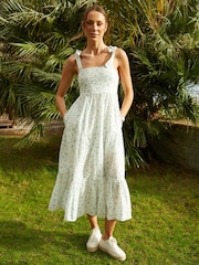 Threadbare White Floral Print Tiered Linen Blend Maxi Summer Dress - Image 1 of 5