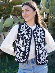 Threadbare Black 100% Cotton Cornelli Embroidered Gilet - Image 1 of 4