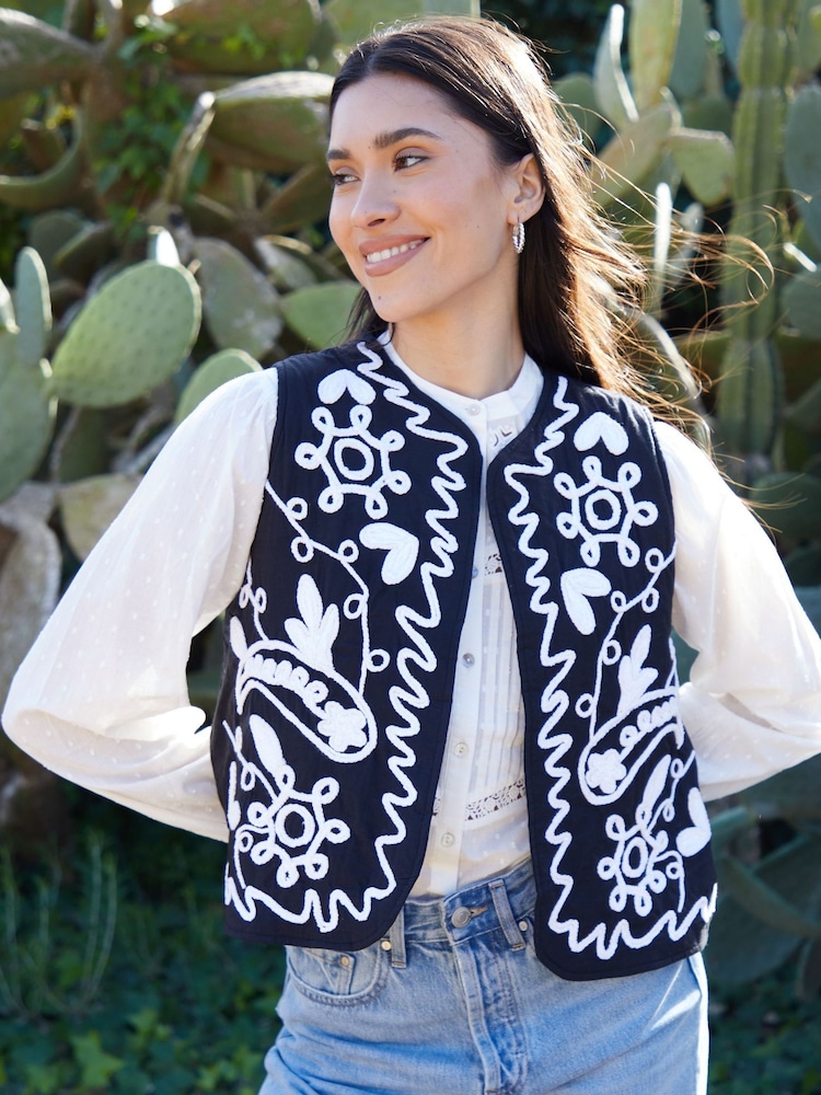 Threadbare Black 100% Cotton Cornelli Embroidered Gilet - Image 1 of 4