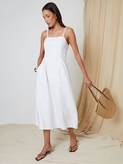 Threadbare White Linen Blend Square Neck Midi Dress - Image 1 of 1
