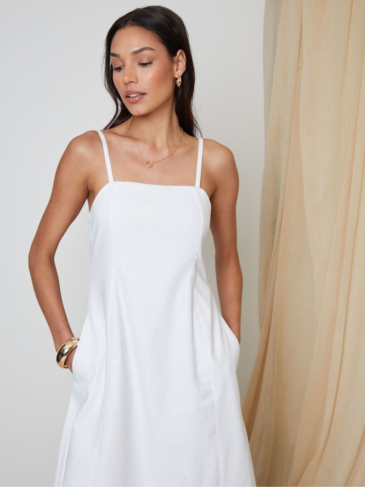 Threadbare White Linen Blend Square Neck Midi Summer Dress - Image 2 of 6
