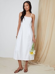 Threadbare White Linen Blend Square Neck Midi Summer Dress - Image 3 of 6
