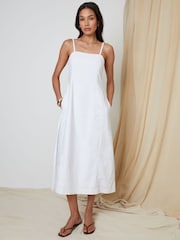 Threadbare White Linen Blend Square Neck Midi Summer Dress - Image 5 of 6