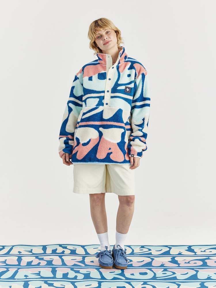 Harper & Lewis Blue Charlie Retro Pattern Popper Neck Sherpa Fleece - Image 1 of 7