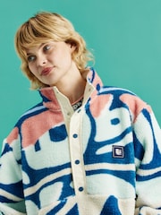 Harper & Lewis Blue Charlie Retro Pattern Popper Neck Sherpa Fleece - Image 2 of 7