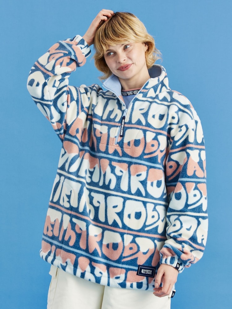 Harper & Lewis Blue Raver Retro Pattern 1/4 Zip Fleece - Image 2 of 8