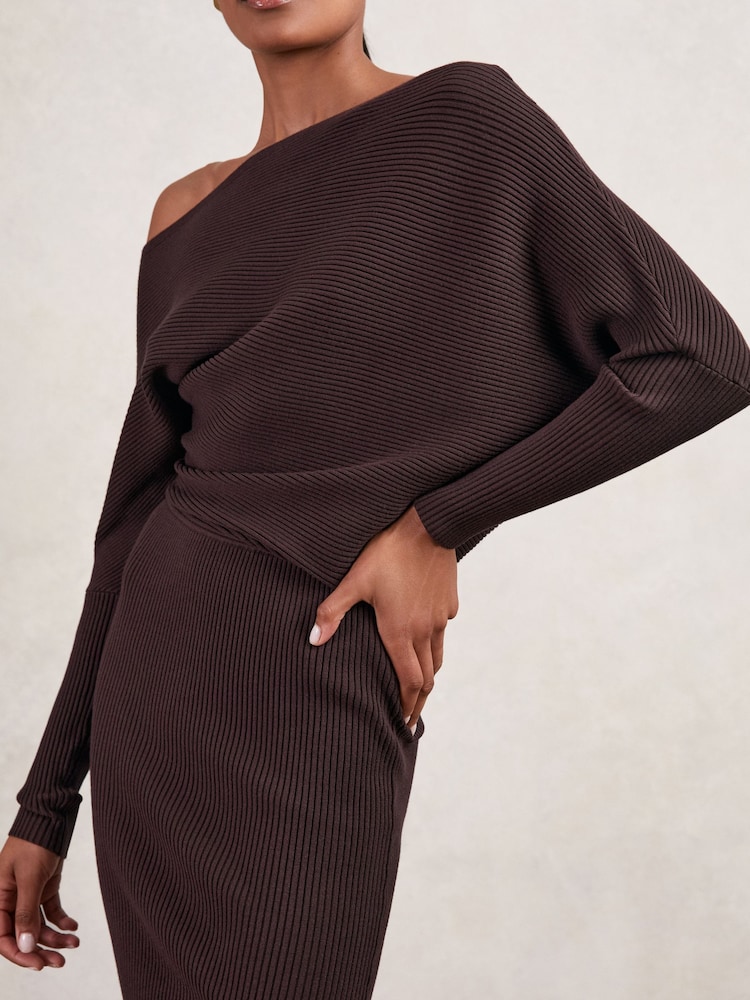 reiss lara off-shoulder ribbed dress Reiss Lara Off-The-Shoulder Ribbed Midi Dress