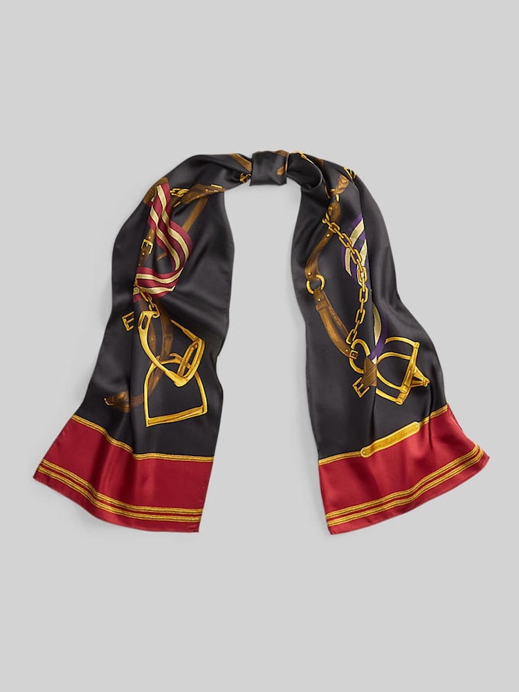 Lauren Ralph Lauren Black Long Bridal Chain Pattern Necktie Satin Scarf - Image 1 of 4 Lauren Ralph Lauren Black Long Bridal Chain Pattern Necktie Satin Scarf - Image 1 of 4