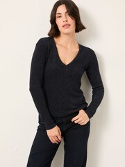 FatFace Ada Navy Sparkle V Neck Knitted Jumper - Image 1 of 5