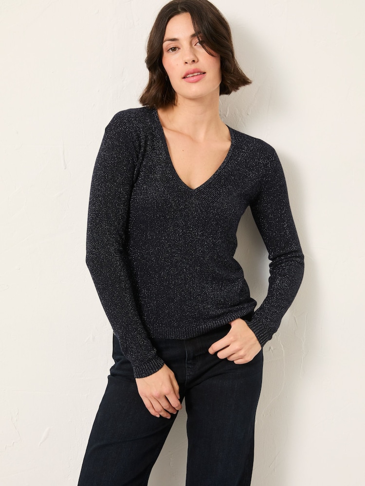 FatFace Ada Navy Sparkle V Neck Knitted Jumper - Image 1 of 5