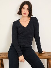 FatFace Ada Navy Sparkle V Neck Knitted Jumper - Image 4 of 5