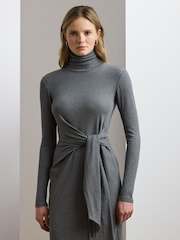 Lauren Ralph Lauren Grey Vaureen Ribbed High Neck Belted Jersey Midi Dress - Image 1 of 6