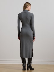 Lauren Ralph Lauren Grey Vaureen Ribbed High Neck Belted Jersey Midi Dress - Image 2 of 6