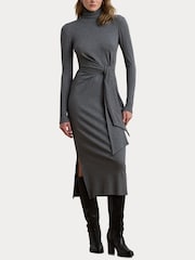 Lauren Ralph Lauren Grey Vaureen Ribbed High Neck Belted Jersey Midi Dress - Image 4 of 6