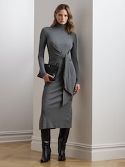Lauren Ralph Lauren Grey Vaureen Ribbed High Neck Belted Jersey Midi Dress - Image 5 of 6