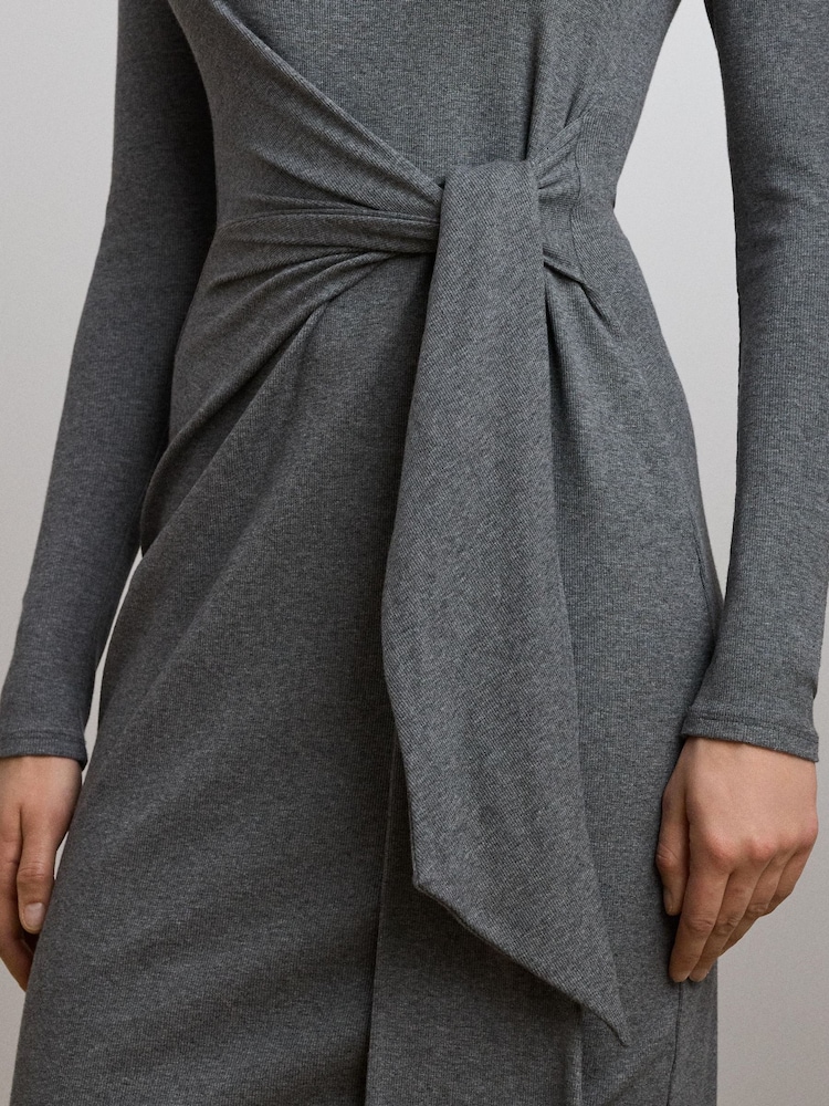 Lauren Ralph Lauren Grey Vaureen Ribbed High Neck Belted Jersey Midi Dress - Image 6 of 6