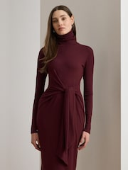 Lauren Ralph Lauren Red Vaureen Ribbed High Neck Belted Jersey Midi Dress - Image 1 of 7