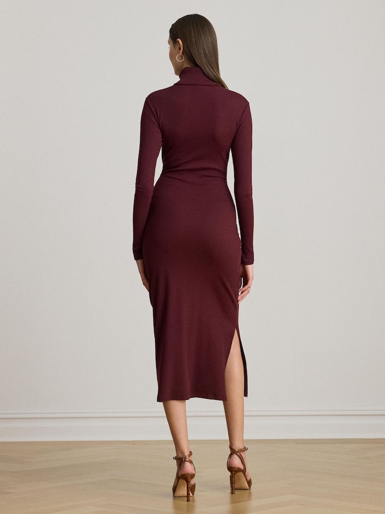 Lauren Ralph Lauren Red Vaureen Ribbed High Neck Belted Jersey Midi Dress - Image 2 of 7