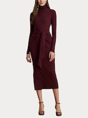 Lauren Ralph Lauren Red Vaureen Ribbed High Neck Belted Jersey Midi Dress - Image 5 of 7