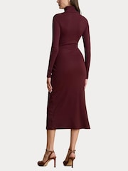 Lauren Ralph Lauren Red Vaureen Ribbed High Neck Belted Jersey Midi Dress - Image 6 of 7