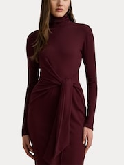 Lauren Ralph Lauren Red Vaureen Ribbed High Neck Belted Jersey Midi Dress - Image 7 of 7