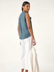 Roman Blue Linen Ruffle Vest Top - Image 3 of 5