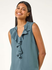 Roman Blue Linen Ruffle Vest Top - Image 4 of 5