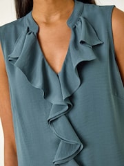 Roman Blue Linen Ruffle Vest Top - Image 5 of 5