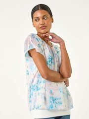 Roman Blue Floral Print Bubble Hem Blouse - Image 1 of 5