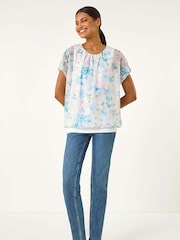 Roman Blue Floral Print Bubble Hem Blouse - Image 2 of 5