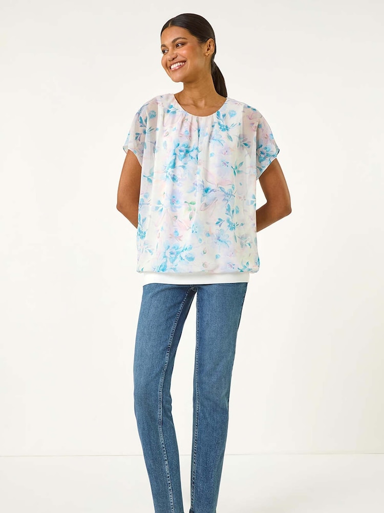 Roman Blue Floral Print Bubble Hem Blouse - Image 2 of 5