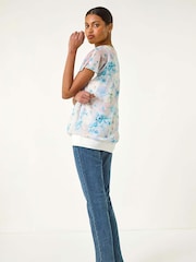 Roman Blue Floral Print Bubble Hem Blouse - Image 3 of 5