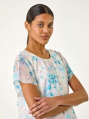 Roman Blue Floral Print Bubble Hem Blouse - Image 4 of 5