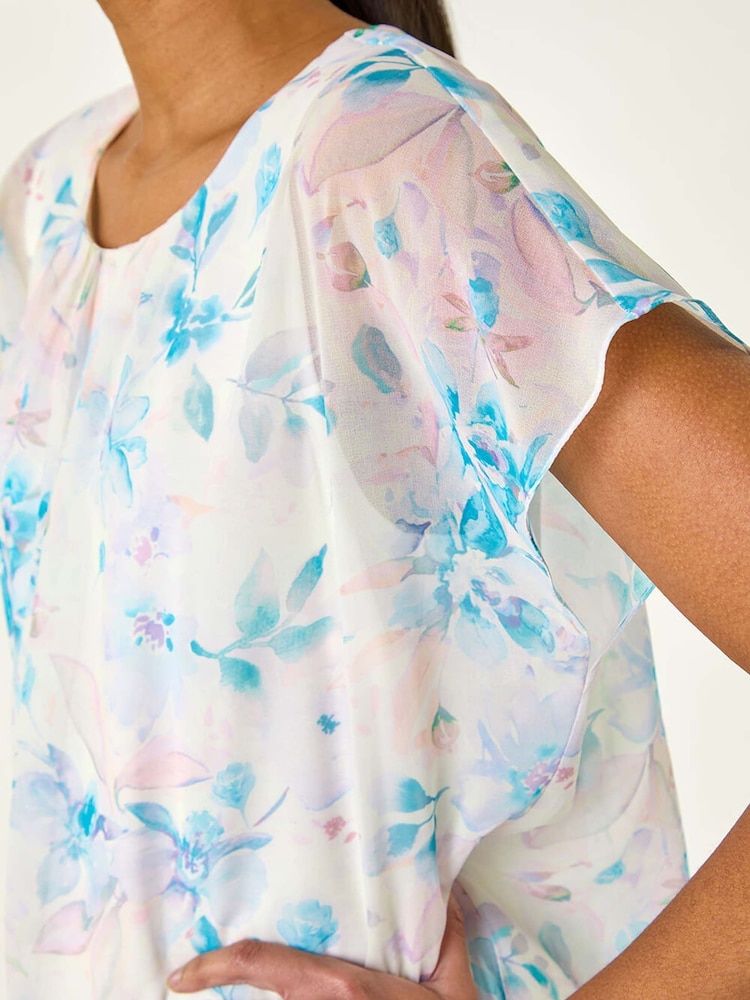 Roman Blue Floral Print Bubble Hem Blouse - Image 5 of 5
