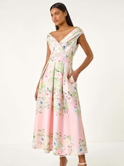 Roman Pink Floral Print Bardot Midi Stretch Dress - Image 1 of 5